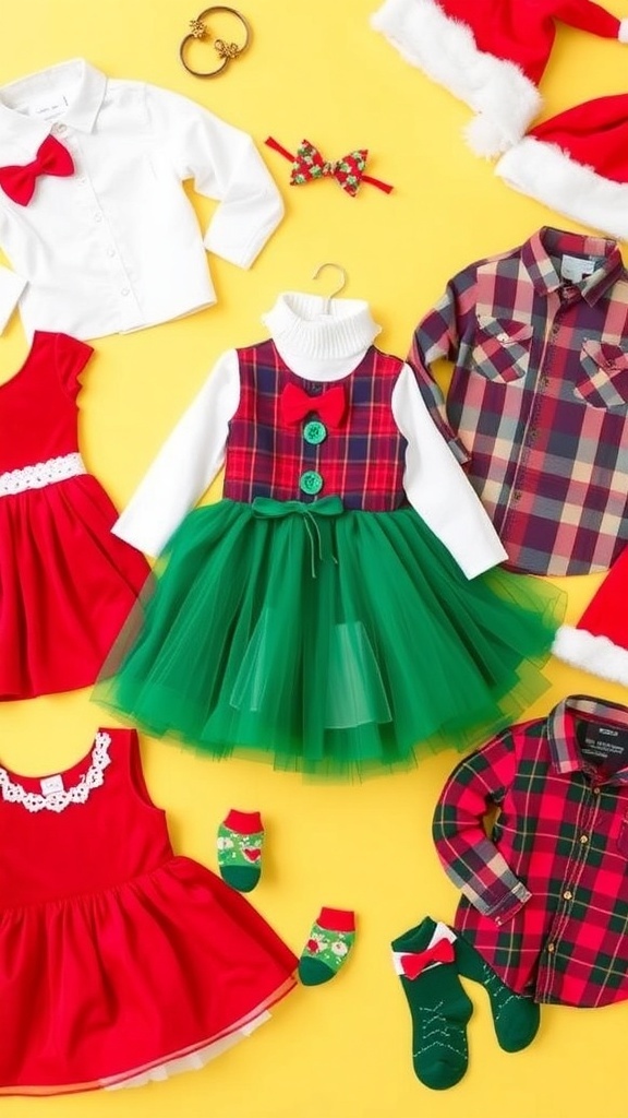 A variety of stylish Christmas outfits for kids, including dresses and shirts, displayed with festive accessories.